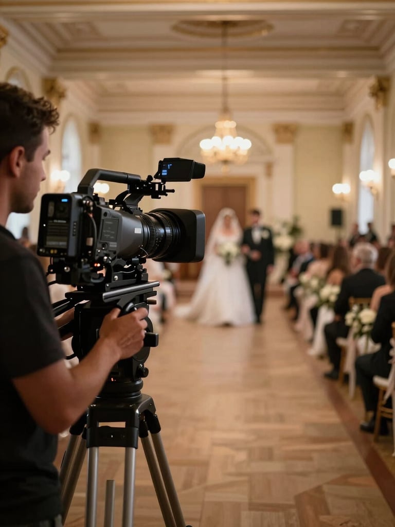 Wide-angle left-edge frame of a broadcast camera operator tracking a wedding ceremony procession in a grand ballroom, camera rig visible in foreground silhouette, warm tungsten venue lighting spilling across the aisle, operator's hands on focus ring in sharp detail, full venue depth behind
