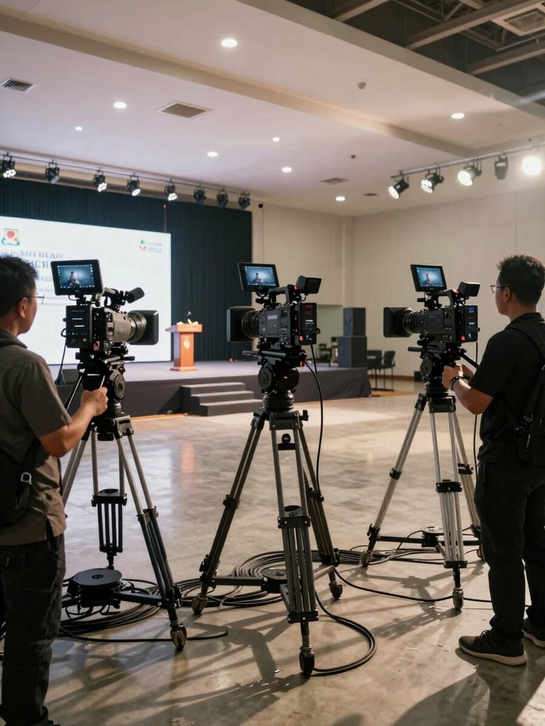 Wide environmental shot of a multi-camera broadcast setup inside a large government event hall in Batam, three camera rigs positioned at different angles capturing a stage with a podium, cables running across the floor, operators adjusting equipment, venue lighting casting strong directional shadows, no posed subjects — all movement and active setup