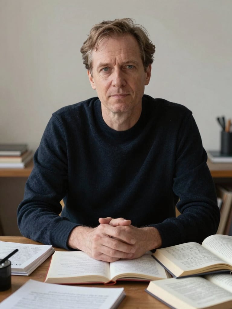 Authentiek ongeposeerd portret van de oprichter in zacht daglicht, omringd door opengeslagen boeken en handgeschreven aantekeningen.