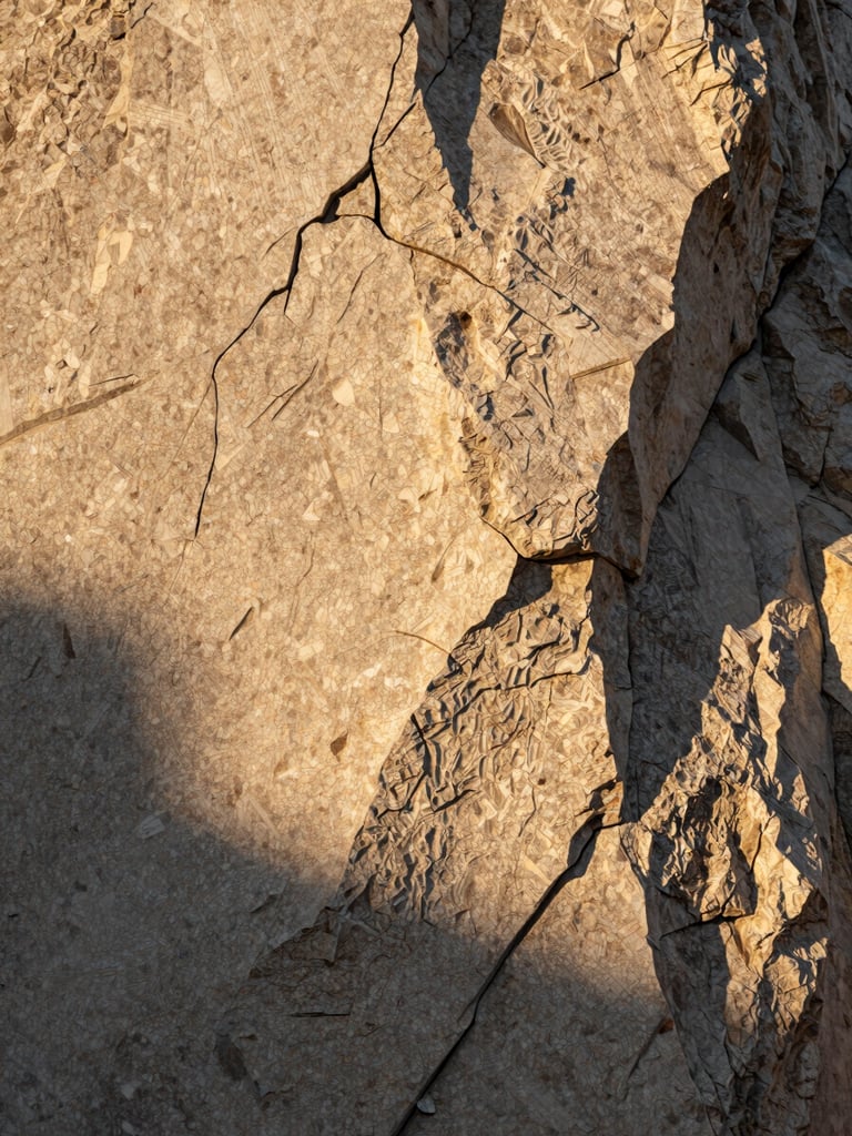 A vertical portrait of raw textured Lioz limestone, sharp low-angle golden hour shadow, architectural detail.