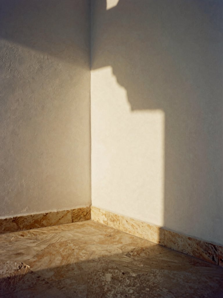 A vertical portrait of a sun-drenched corner in a Portuguese villa. Raw plaster walls, low-angle golden hour shadow slicing across a Lioz limestone floor, captured on textured 35mm film.