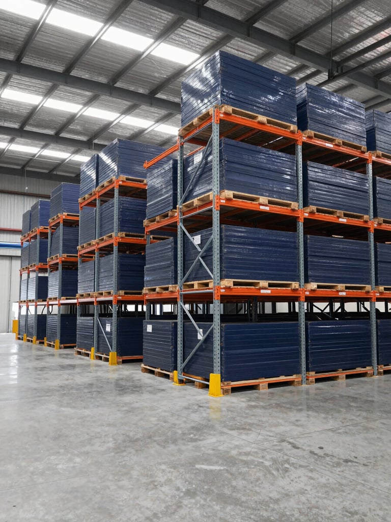 Industrial corporate photography of a modern high-capacity warehouse interior, clean concrete floors, towering organized pallet racking, cool daylight, sharp focus.