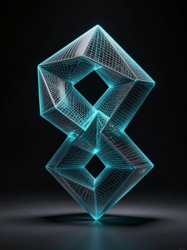 3D digital sculpture render of an abstract geometric figure, glowing cyan wireframe overlay, absolute black background, high-contrast digital art.