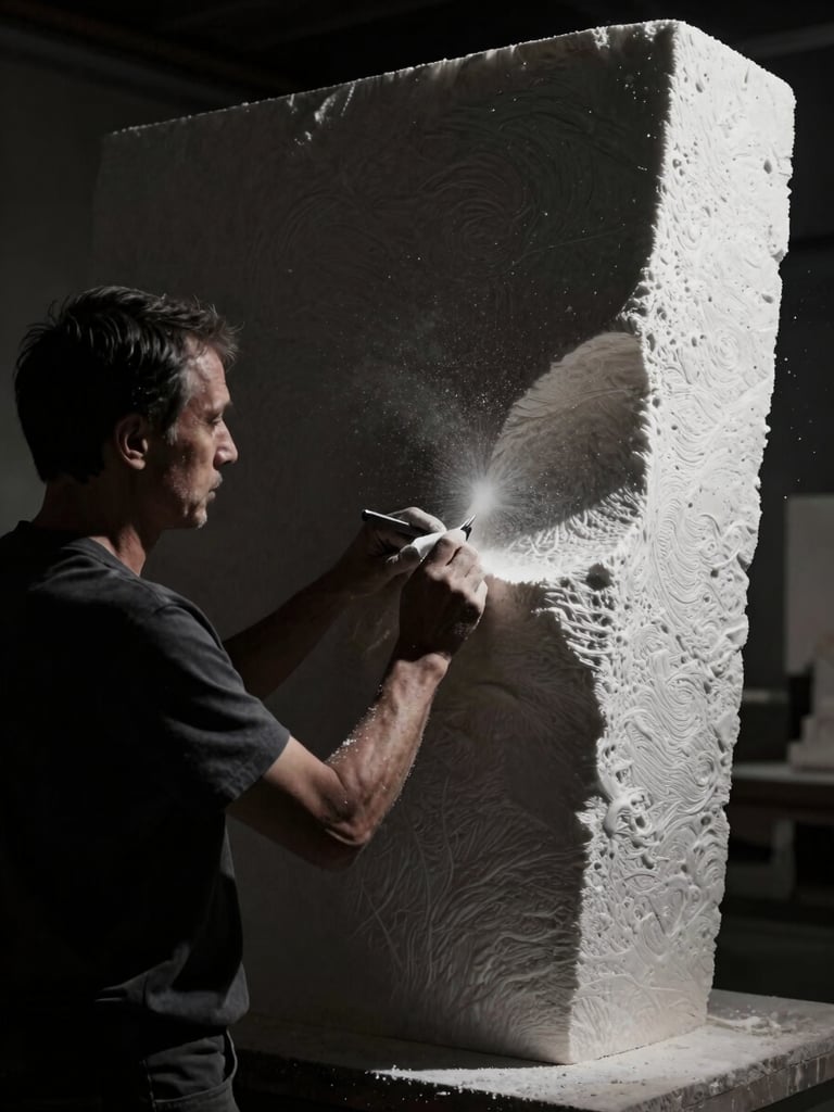 Extreme close-up of a sculptor carving a massive styrofoam block, dramatic chiaroscuro lighting, white dust floating in dark air, sharp texture details.