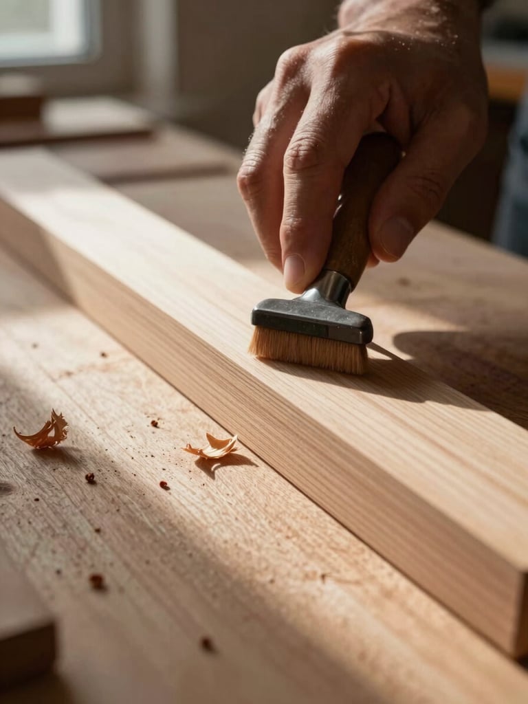 Extreme close-up, straight-on study: a pair of artisan hands pressing a burnishing tool along the curved edge of a finished wooden form, north-facing window light raking across the grain from the left, wood shavings visible on a raw timber workbench surface, no background detail beyond warm shadow