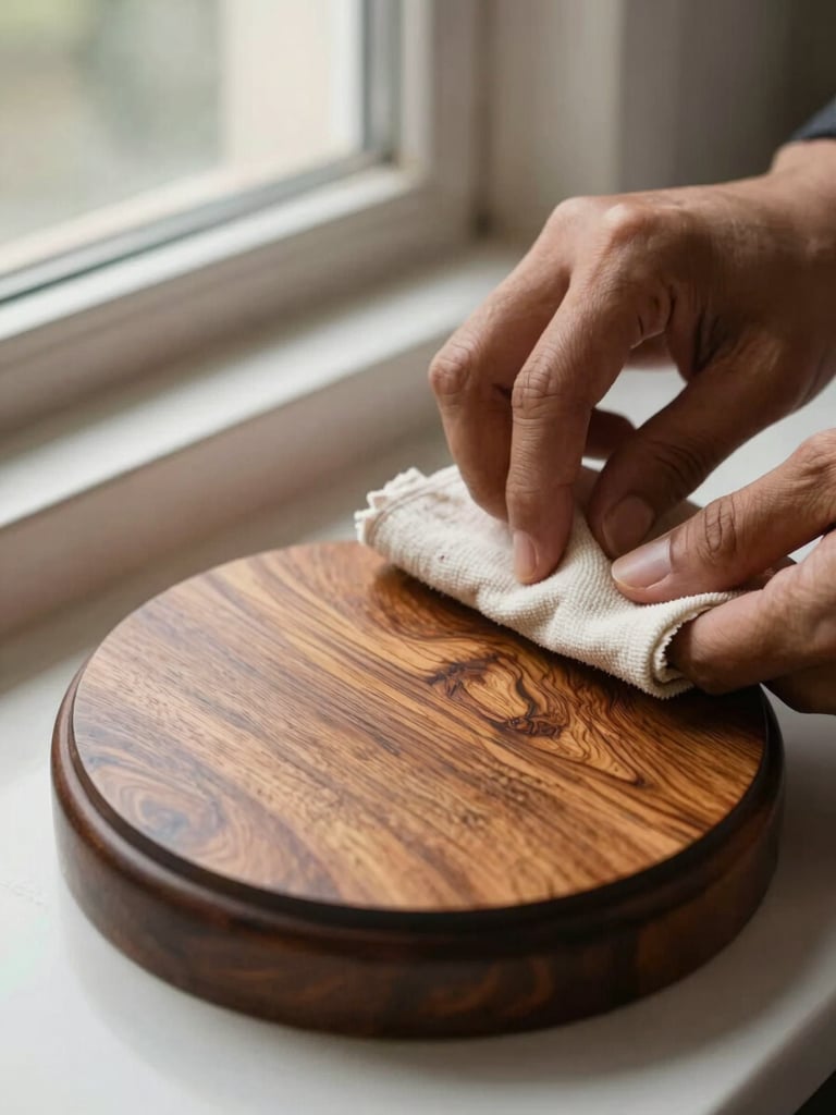 Close-up editorial shot of artisan hands burnishing a sheesham wood lamp base with a cloth, the grain and tool marks visible across the surface, north-facing window light raking across the wood to reveal the hand-finished texture, no background props