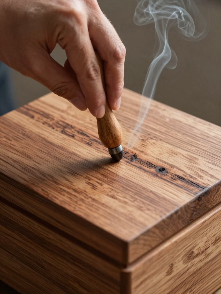 Straight-on macro study of artisan hands pressing a wood-burning tool into the surface of a finished teak gift box, fine smoke wisps rising, north-facing daylight revealing every grain line and charred mark, the object centred in frame with raw wood texture filling the edges