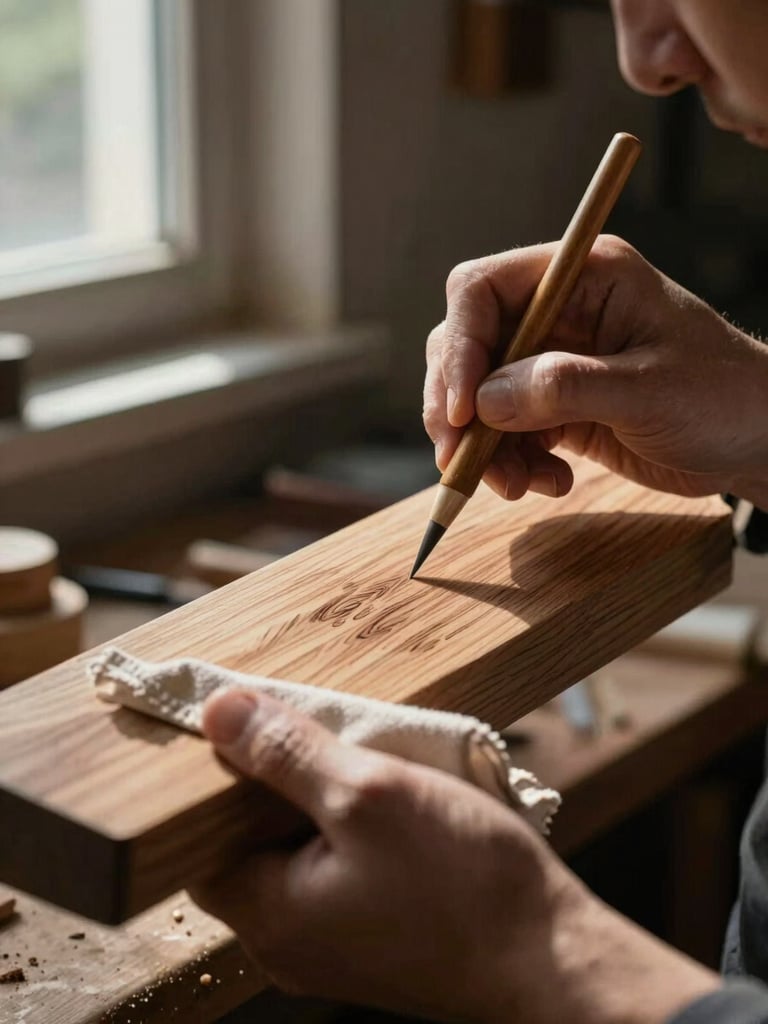 Close-up portrait orientation: artisan hands burnishing a finished wooden object with a cloth, north-facing window light raking across the grain to reveal individual tool marks and natural wood colour variation, dark workshop background, no lifestyle context