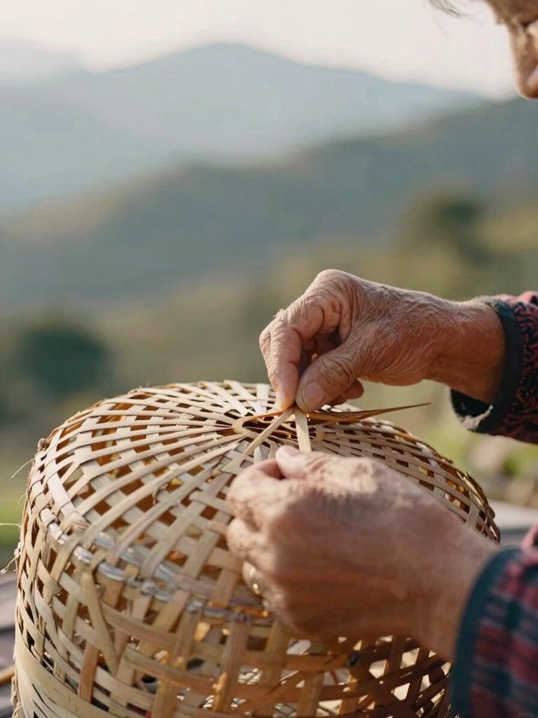 Close-up of an elderly woman's hands weaving an intricate basket from split ringal bamboo, soft natural mountain daylight, warm golden-hour side lighting, shallow depth of field.