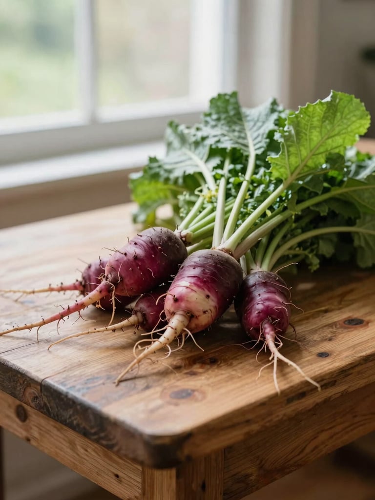 A rustic wooden prep table with freshly harvested root vegetables, soft natural window light, shallow depth of field.