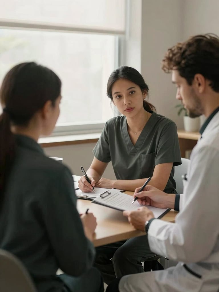 A professional consultation room with soft-focus clinical staff discussing treatment plans under diffused window light, warm editorial photography, deep muted tones.