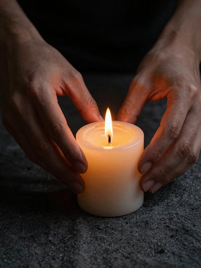 Extreme close-up portrait of hands lighting a beeswax taper candle, warm golden flame casting deep shadows on heavy textured charcoal linen, low-key lighting.