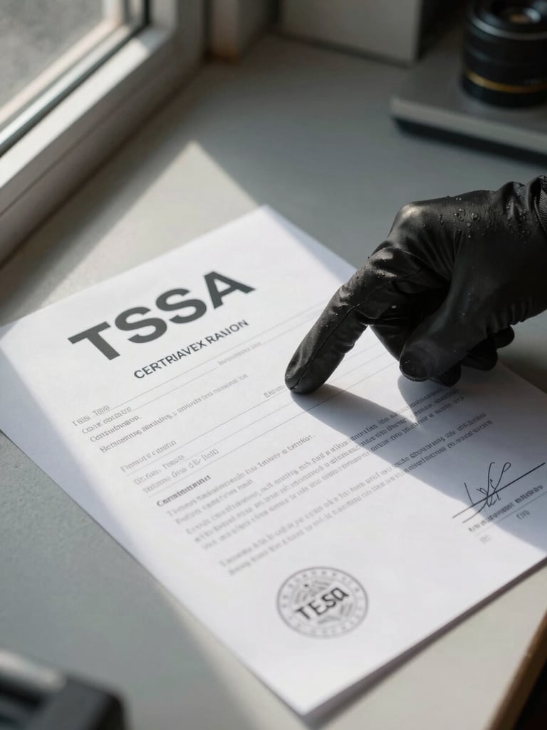 Close-up overhead shot of a TSSA certification document laid flat on a workbench, a technician's gloved hand pointing to the certification number, natural window light from the left casting soft shadows across the paper