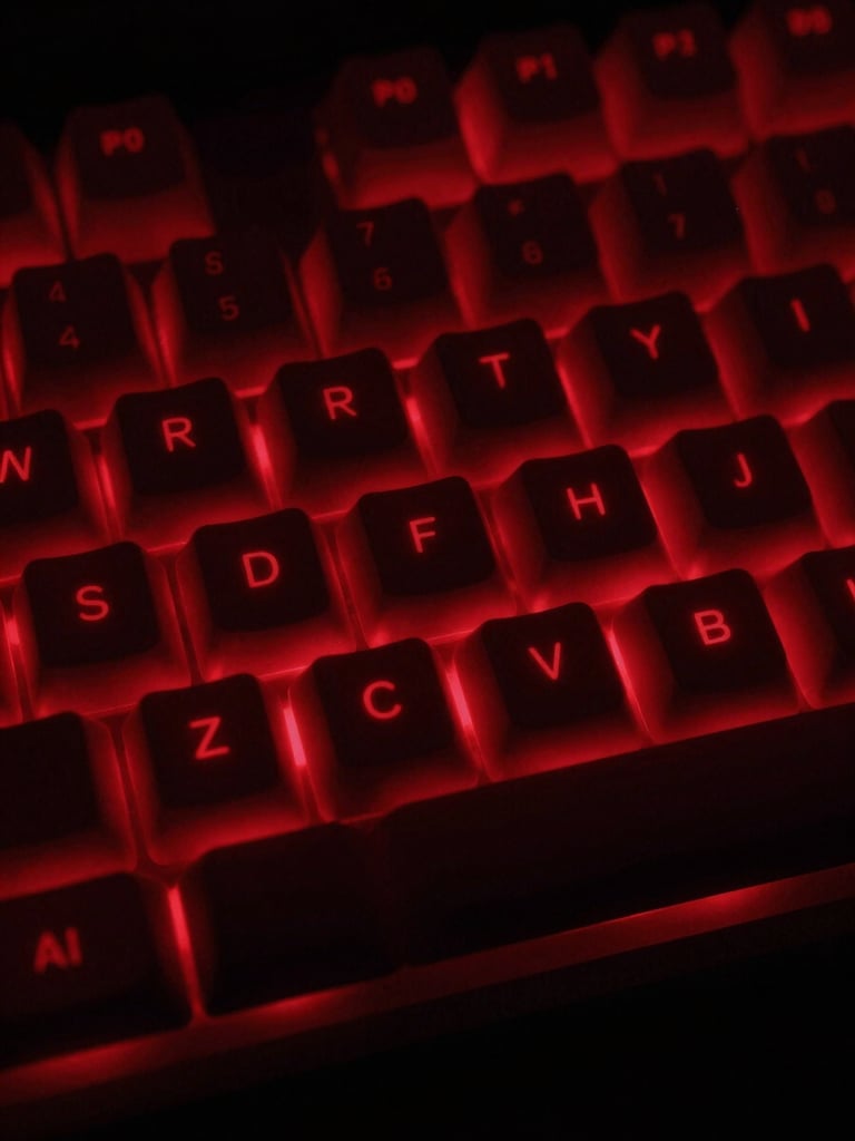 Extreme close-up of a mechanical keyboard glowing under intense crimson red backlighting, heavy dark shadows, low-key dramatic lighting, 35mm lens, raw low-key gaming aesthetic.