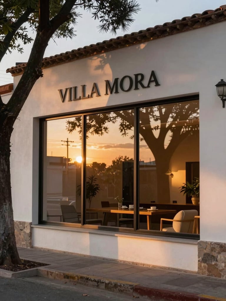 Boutique de diseño local en Villa Morra con grandes ventanales y luz cálida de atardecer filtrándose por árboles asuncenos.
