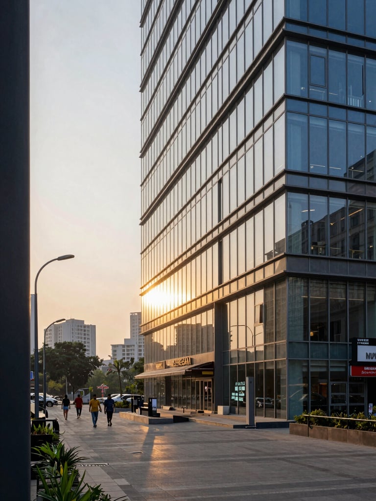 Street-level view of a modern commercial corridor in Gurugram, glass-fronted office building facade at golden hour, pedestrian plaza below with clear signage visible, Gurugram skyline softly visible in background, establishing prime location context