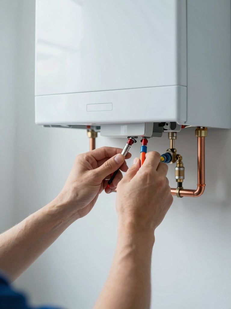 Close-up of a technician's hands using professional diagnostic tools to calibrate a modern wall-mounted boiler, copper pipes visible, clean natural lighting