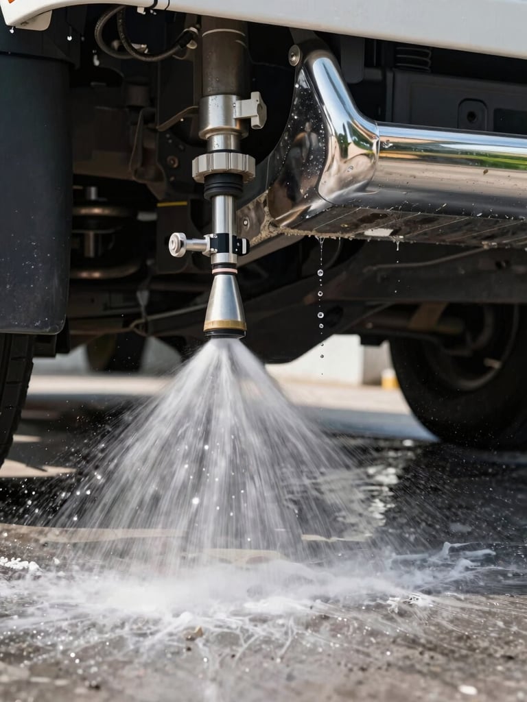 Close-up of high-pressure water spray blasting heavy grime off a truck undercarriage in a modern wash bay, dramatic lighting, water droplets