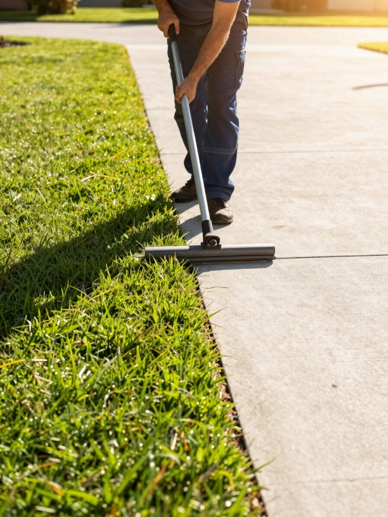 A professional landscaper in a clean uniform operating a precision edger along a concrete driveway, creating a perfectly straight, crisp turf line, morning sunlight.