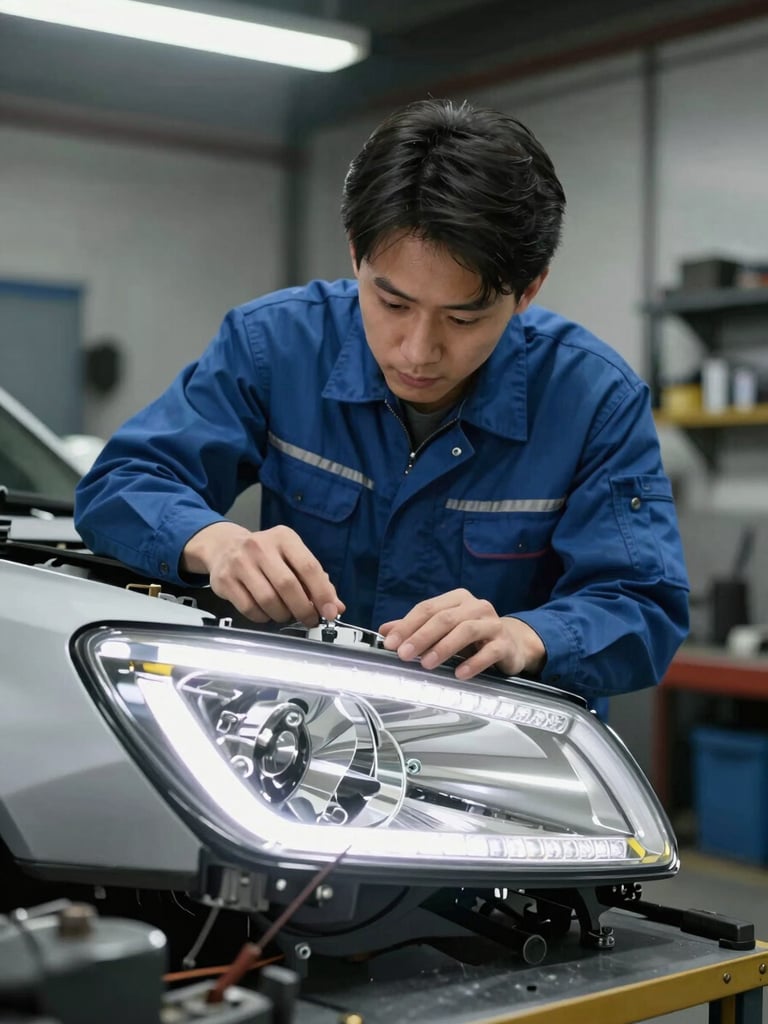 Straight-on medium shot of a mechanic in a clean uniform inspecting a headlight assembly under bright LED light in an organized workshop bay.