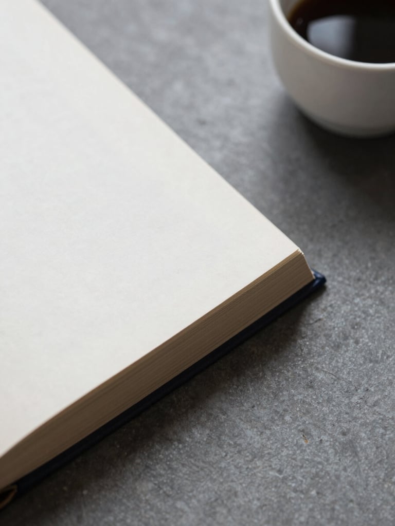 Overhead detail of a closed hardcover book beside a small coffee cup on a slate-grey surface, soft north light, minimal and still, no text visible