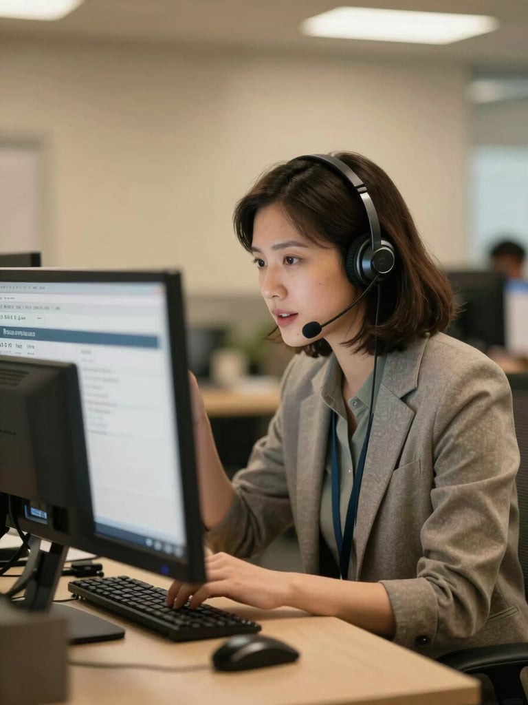 Medium-wide shot of a customer service agent seated at a desk, leaning slightly forward in genuine conversation, a monitor displaying a flight confirmation in the foreground, warm tungsten office lighting, natural and unhurried, no eye contact with camera