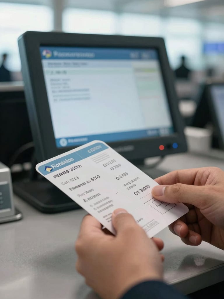 Close-detail shot: a hand holding a printed boarding pass over an airport check-in counter, a confirmation screen visible and slightly blurred in the background, cool natural daylight from a terminal window, shallow depth of field, the focus on the ticket and the act of resolution — no faces, no uniforms