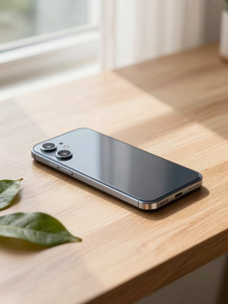 A sleek modern Android smartphone resting on a clean wooden desk next to a green leaf, soft morning light filtering through a window, shallow depth of field.