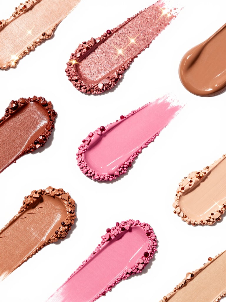 Overhead flat-lay of vibrant makeup swatches on diverse skin tones, glittering rose-gold light flares, high-gloss finish, studio strobe lighting