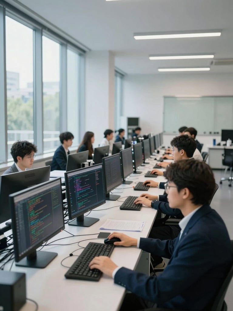 Wide shot of a modern training lab from the side aisle, rows of monitors displaying code and dashboards, participants in corporate dress focused on screens, cool natural daylight from tall windows on the left, no faces visible