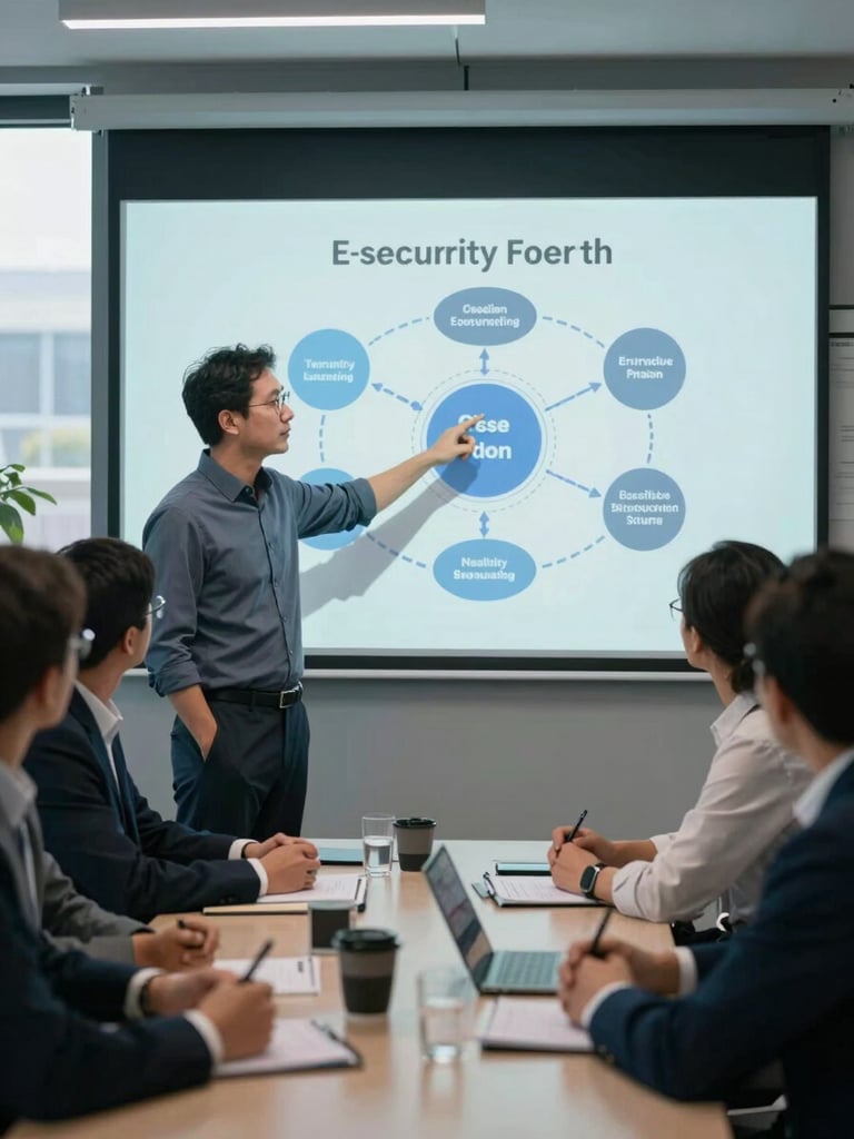 Close medium shot of an instructor pointing at a projected screen showing a cybersecurity framework diagram, a small group of attentive professionals at a table in the foreground, cool daylight from a side window, corporate setting, no smiles or posed expressions