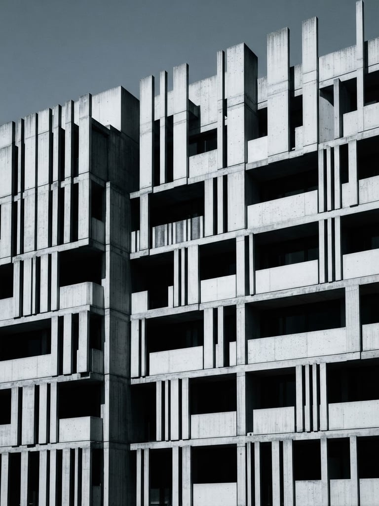 Minimalist abstract architectural lines of a concrete building facade, high-contrast dramatic light, cool desaturated tones, sharp focus, 35mm