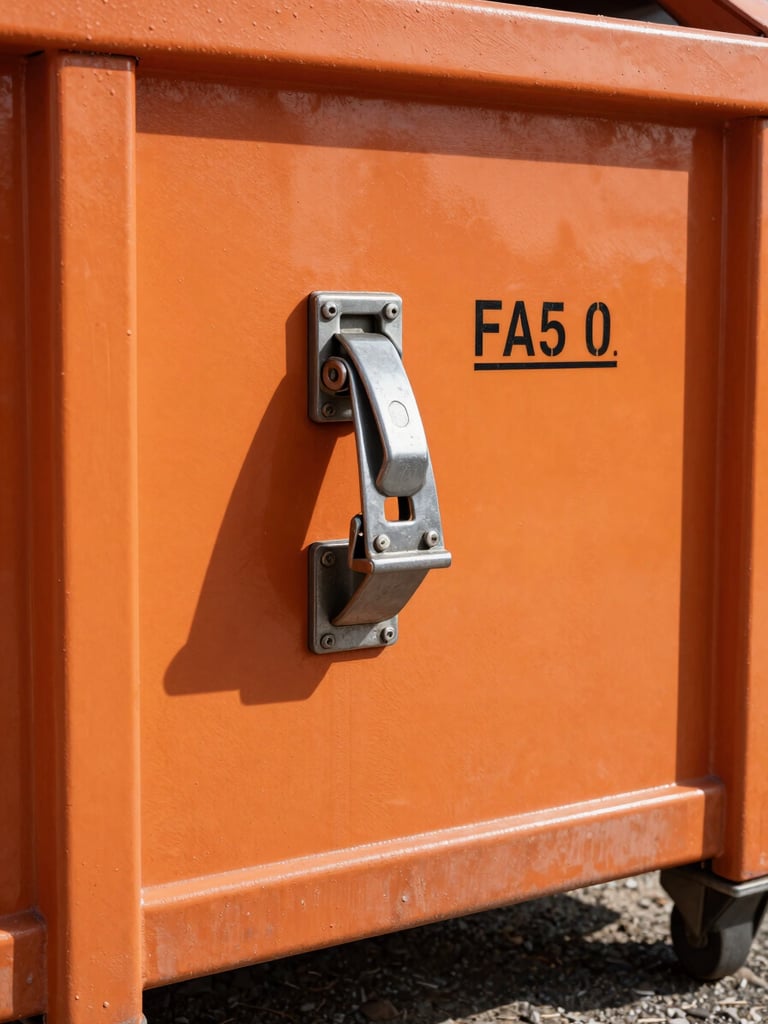 Close-up tight shot of a roll-off dumpster latch and size marking stenciled on the steel wall, bright midday California sun casting a sharp shadow on the orange painted metal, job site gravel visible at the base