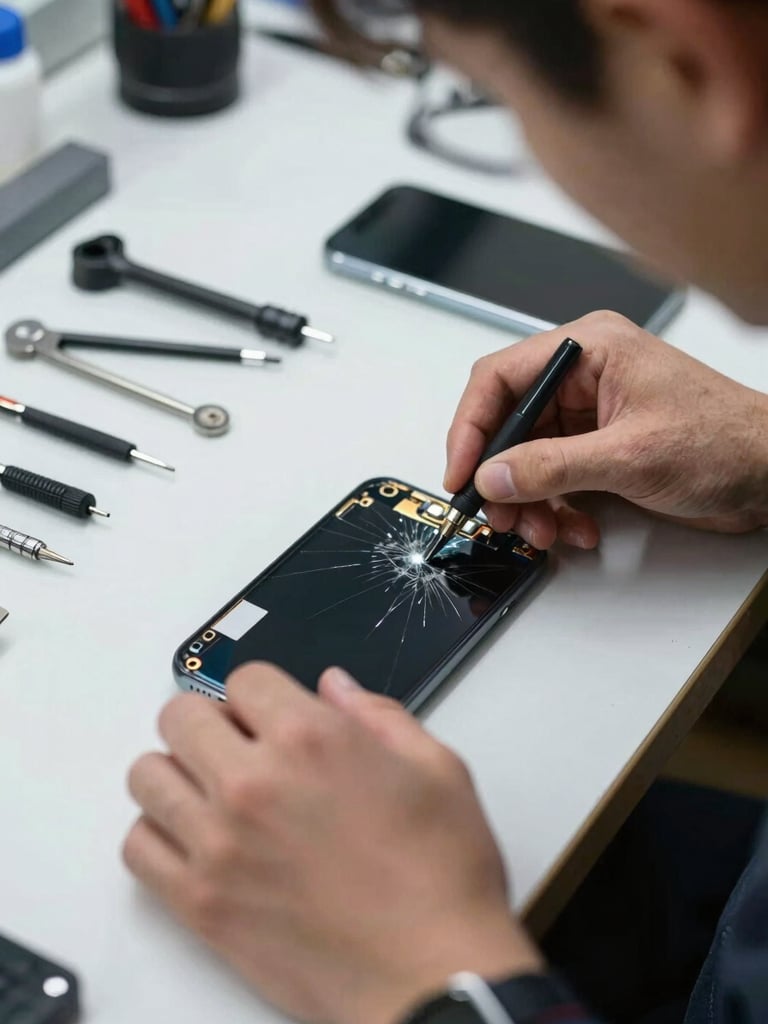 Close-up of a technician's hands carefully replacing a cracked smartphone screen on a well-lit workshop bench, precision tools arranged neatly to the left, bright even daylight filling the frame from above