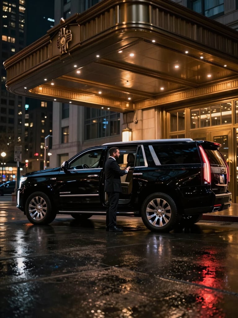 Wide cinematic frame, glossy black Cadillac Escalade staged beneath the canopy of a Chicago high-rise hotel entrance at night, chauffeur standing in profile at the rear door, wet pavement reflecting amber lobby light, city towers glowing in the far background, right-side subject placement with generous dark space to the left