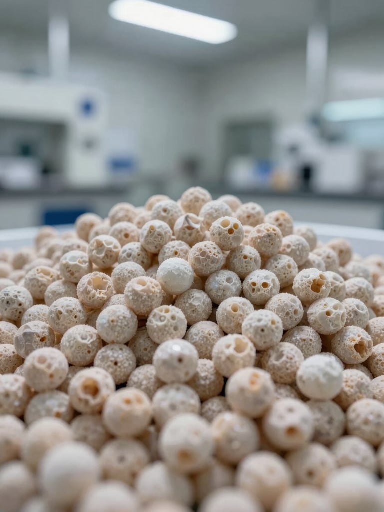 Close-up of raw industrial polymer pellets in a clean laboratory setting, bright clean industrial warehouse lighting, high contrast