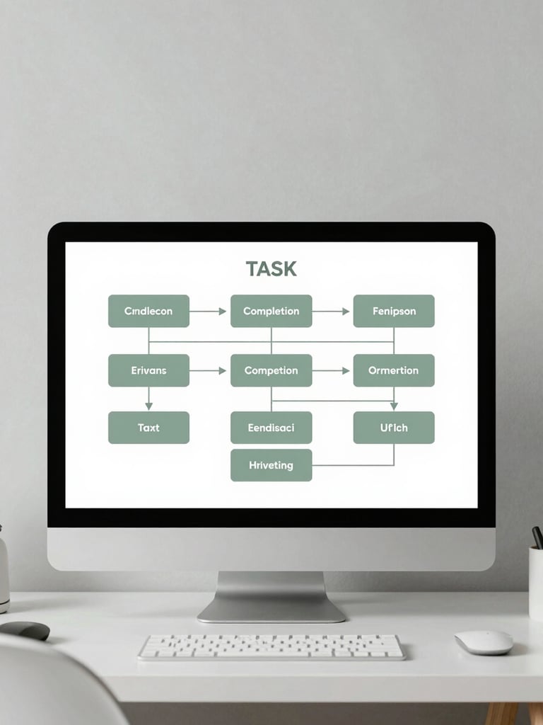 A clean, structured flowchart diagram of a task completion process on a minimalist digital workspace screen. Clean editorial photography, soft natural daylight, minimalist workspace, muted slate and sage tones, 35mm lens.