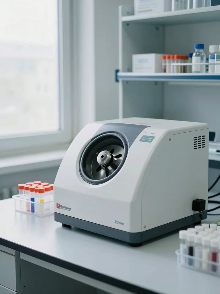 Close environmental shot of a laboratory workstation inside a diagnostic center, centrifuge and sample tubes arranged on a clean white counter, diffuse north-facing window light illuminating the scene from the left, no people present, clinical and organized
