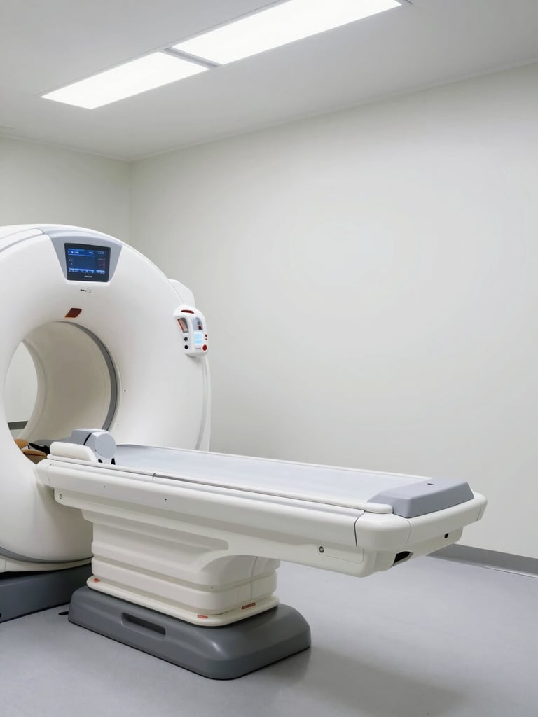 Wide clinical interior of a radiology suite, a CT scanner visible in the left third of the frame under diffuse overhead lighting, clean white walls and precise instrument detail, no staff present, environmental shot emphasizing equipment depth and clinical organization