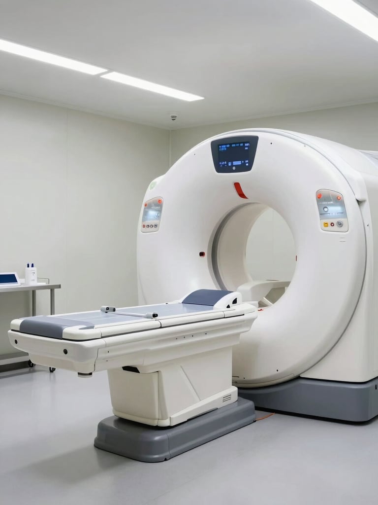 Wide clinical environment shot of an advanced CT scanner in a clean, evenly lit diagnostic room, the machine dominating the right frame, diffuse overhead light, no human subjects, polished floor reflecting the equipment