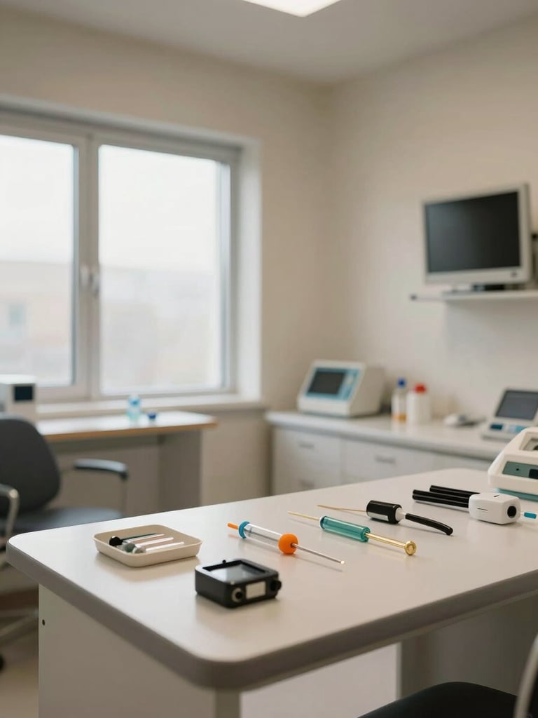 Wide-angle clinical interior of a specialist consultation room, clean desk with medical instruments laid out precisely, diffuse north-facing window light, no human subjects, warm neutral walls