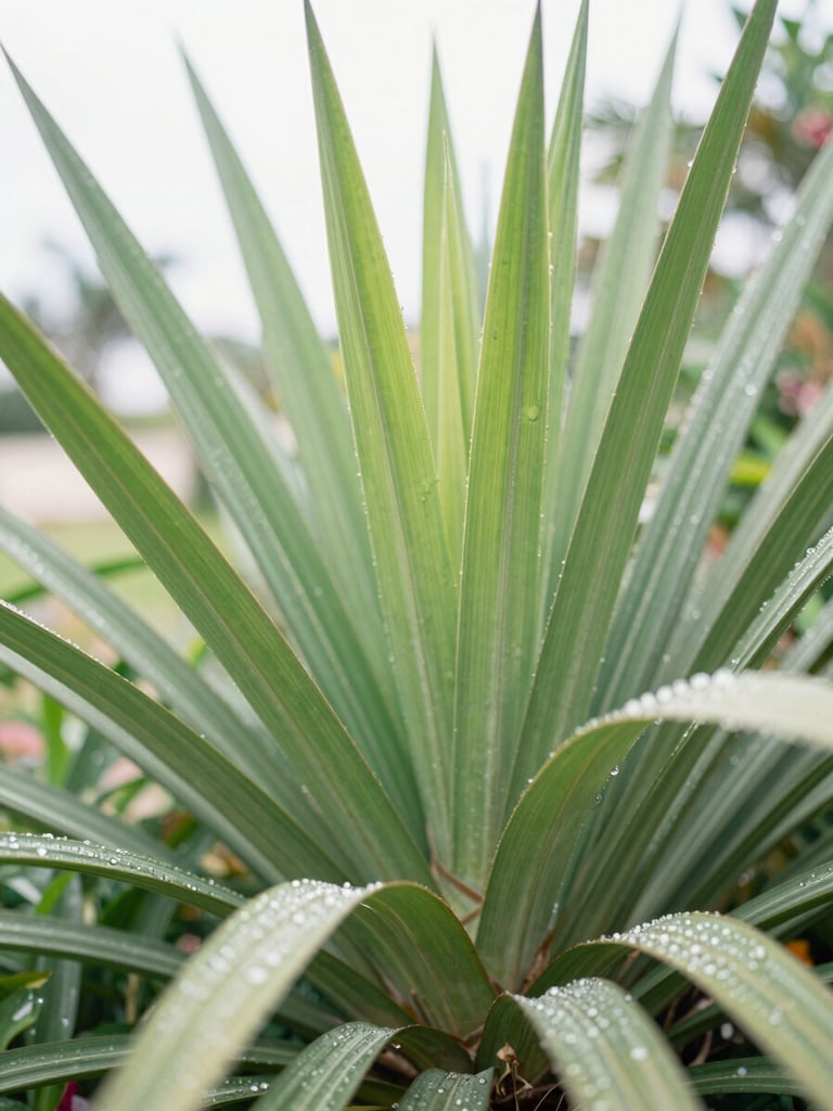 Close-up of vibrant native Florida palmetto leaves with glistening dew drops, bright high-key morning daylight, soft out-of-focus garden background, 35mm