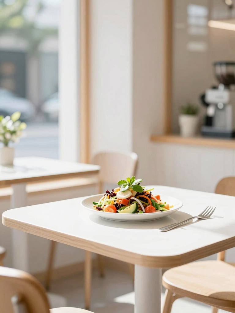 Bright and airy café interior with natural wood accents, clean white tables, morning sun streaming through windows, crisp high-key environment