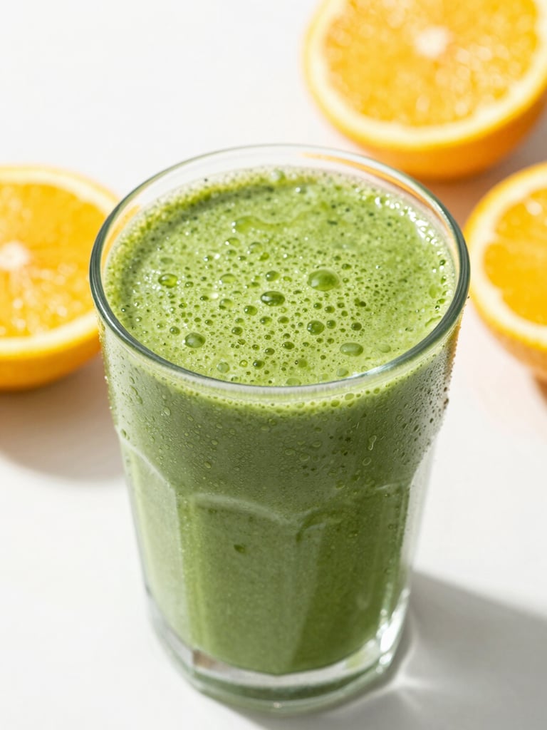 A close-up macro shot of a vibrant, condensation-beaded green smoothie on a clean white surface with fresh citrus slices, bright natural morning daylight