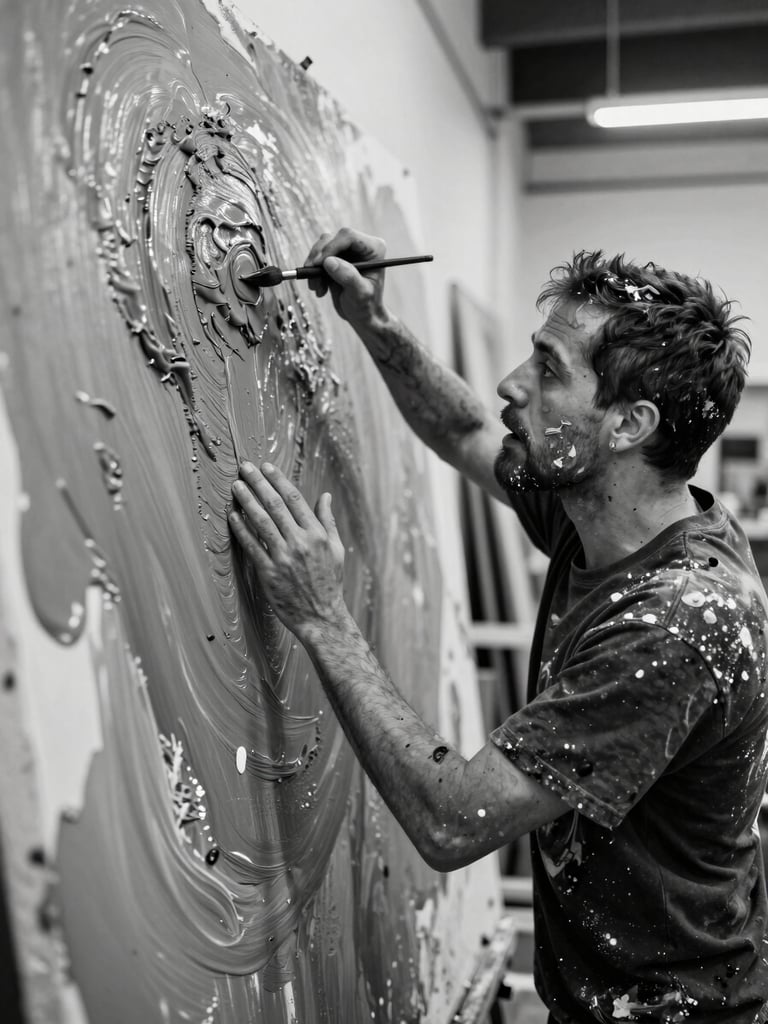 High-contrast black and white action shot of artist Paulo Medina in his studio, covered in paint, applying raw pigment to a massive canvas with visceral physical energy.