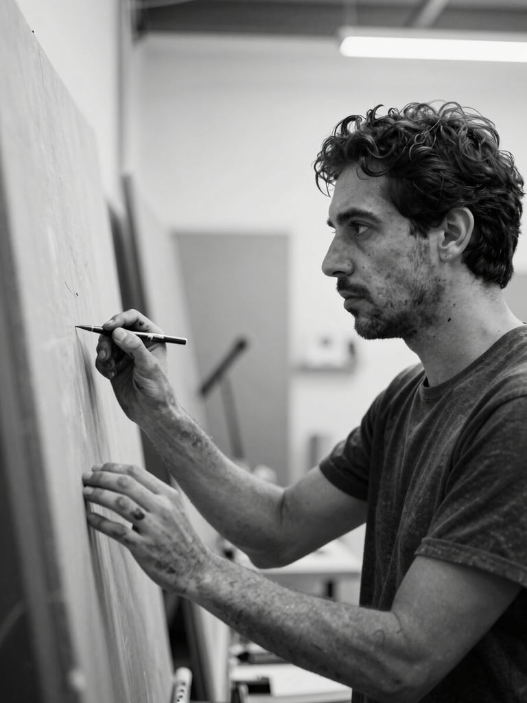 High-contrast black and white portrait of artist Paulo Medina in his Bogotá studio, hands marked with paint, looking intensely at a monumental canvas off-camera, natural side lighting.