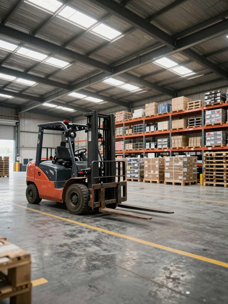 Wide environmental shot inside a large active warehouse, forklift moving pallets in the mid-ground, storage racks towering to the ceiling, available daylight streaming through high skylights, concrete floor with painted safety lanes visible, no workers posing—candid operational moment