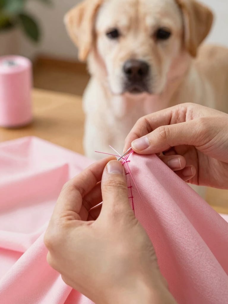 A close-up of artisan hands carefully stitching a soft pink fabric with durable thread, warm workshop lighting, focused on the detail of the seams, 35mm
