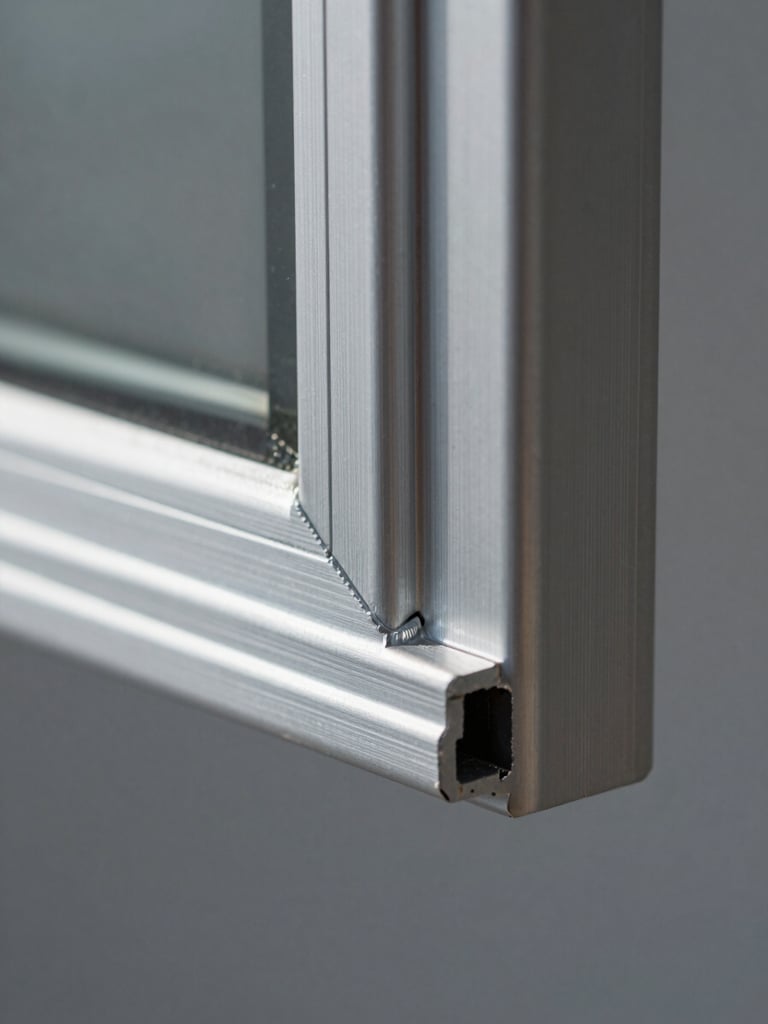 Extreme macro close-up of an aluminium window corner joint, framed tight from the right edge, studio side-lighting raking across the mitre weld to reveal profile depth and surface precision, powder-coat finish texture sharply resolved, no softening or atmospheric blur, industrial grey background