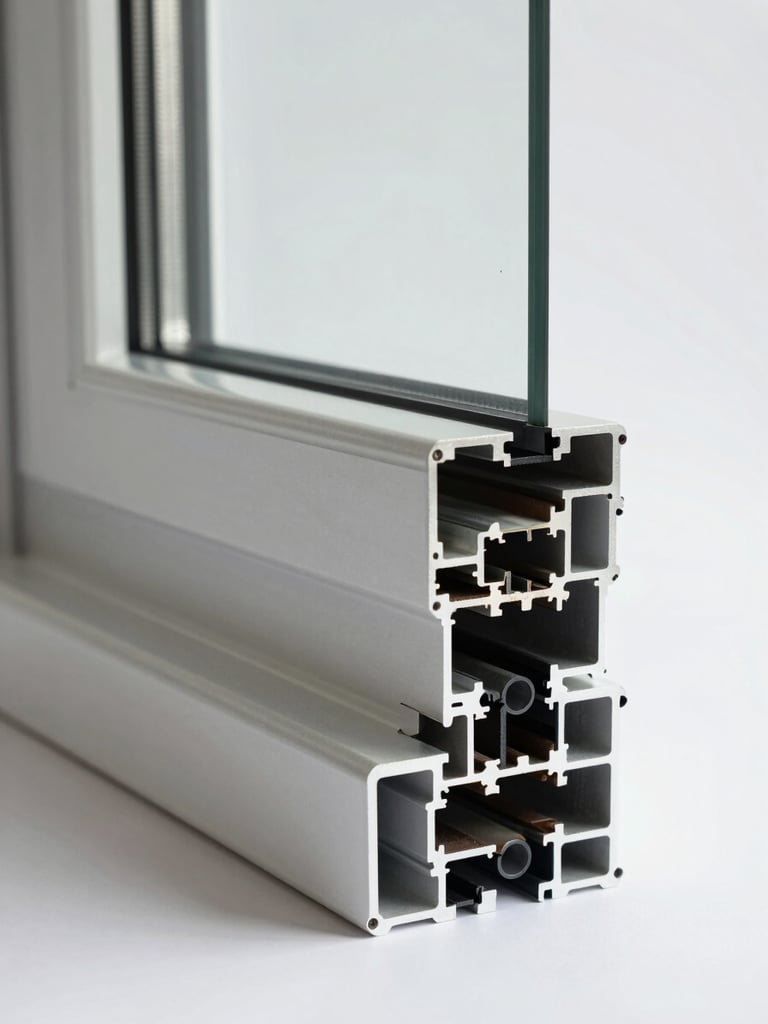 Wide elevation view of an aluminium window profile section laid flat on a white studio surface, north-facing diffuse daylight from the left, the full frame depth and internal chamber geometry visible in cross-section, gasket grooves and thermal break polyamide strip clearly resolved, no hands, no staging, absolute geometric clarity